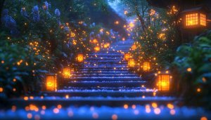 Magical Forest Stairs Lanterns 4K Desktop Mobile Wallpaper Free