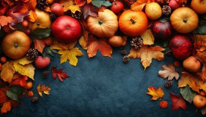 Fall Harvest Desktop Background with Pumpkins, Apples and Autumn Leaves