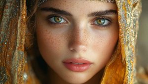Freckled Woman Portrait Mobile Wallpaper Golden Headscarf Aesthetic Background