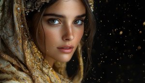 Elegant Portrait Wallpaper: Woman in Golden Veil, Desktop Background