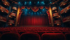 Opulent Theatre Stage 4K Wallpaper, Red Curtains and Seats