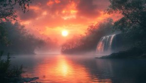 Fiery Sunset Waterfall Lake Desktop Background Free 4K Wallpaper
