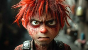 Creepy Cartoon Character With Red Hair 4K Desktop Wallpaper