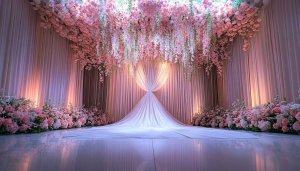 Elegant Pink Floral Wedding Stage Decor 4K Desktop Wallpaper