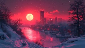 Full Moon Over Winter Cityscape Free Desktop Wallpaper 4K