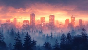 Dreamy Cityscape Forest Mobile Wallpaper, 4K Desktop Background Sunset