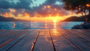 Sunset Sea View Desktop Wallpaper on Wood Pier 4K