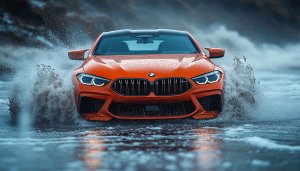 Orange BMW M8 Competition driving through water 4K desktop wallpaper