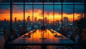 Conference Room Sunset Cityscape View 4K Desktop Wallpaper Free