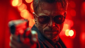 Intense Man with Gun Mobile Wallpaper, Cinematic Red Background