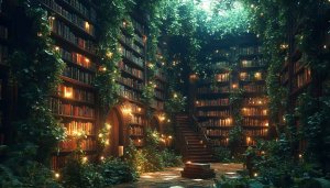 Enchanted Library Wallpaper, Fantasy Bookshelf Background for Desktop