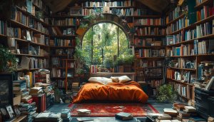 Cozy Reading Room Wallpaper, Bookshelf Aesthetic for Desktop Background