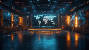 Futuristic Control Room with World Map Display 4K Wallpaper