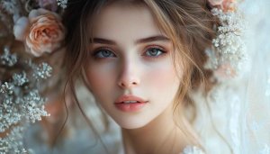 Bridal Beauty Wallpaper: Portrait of Woman with Flowers, 4K Background
