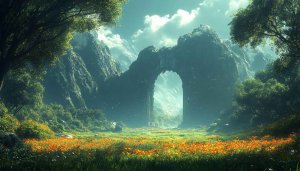 Fantasy Mountain Archway Meadow 4K Desktop Wallpaper Free