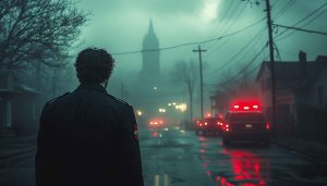 Police Officer in Foggy Street Mobile Background Wallpaper