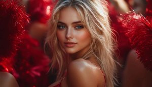 Blonde Woman Red Feathers Carnival 4K Desktop Background Wallpaper