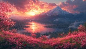 Pink Blossom Mountain Sunset 4K Desktop Background Mobile Wallpaper