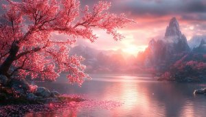 Pink Cherry Blossom Lake 4K Desktop Background Mobile Wallpaper