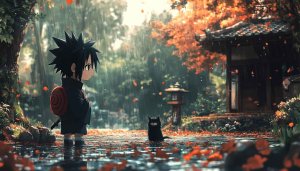 Sasuke Uchiha Raining Forest Autumn Leaves 4K Mobile Wallpaper