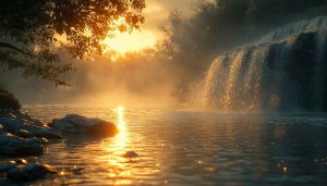 Golden Waterfall River Scenery 4K Desktop Wallpaper Free