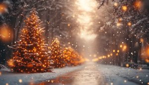 Christmas Tree Lights Snowfall Winter Wonderland 4K Mobile Background