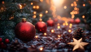 Festive Red Christmas Ornaments 4K Desktop Wallpaper Background Winter Scene