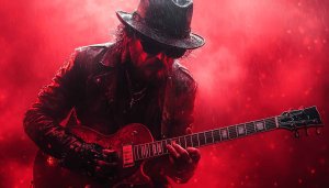 Red Tint Guitarist in Rain Mobile Wallpaper, 4K Desktop Background
