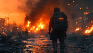 Soldier in Burning City 4K Desktop Background Mobile Wallpaper