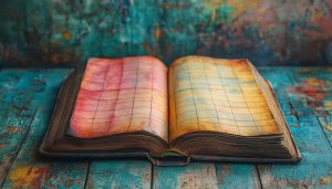 Antique Open Book on Vintage Wood Desktop Background Wallpaper