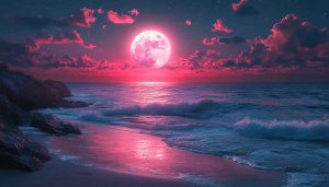 Pink Moon Ocean Waves Night Beach 4K Desktop Wallpaper