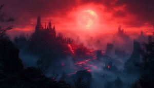 Red Moon Castle Landscape 4K Desktop Background Fantasy Mobile Wallpaper