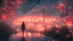 Anime Girl Neon Cityscape 4K Wallpaper for Desktop and Mobile
