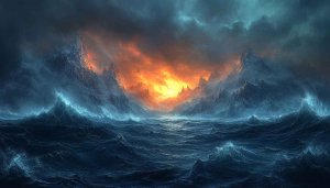Dramatic Ocean Waves and Fiery Sky 4K Desktop Wallpaper