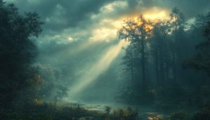 Mystical Forest Rain Mobile Wallpaper, Sunlight Streaming 4K Background