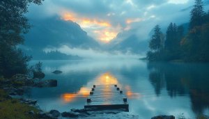Misty Lake Sunrise Wallpaper - Serene Landscape 4K Desktop Background