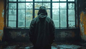 Hooded Figure Abandoned Building 4K Desktop Background Mobile Wallpaper