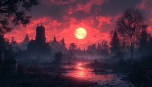 Eerie Night Church 4K Wallpaper, Red Sky Cemetery Desktop Background