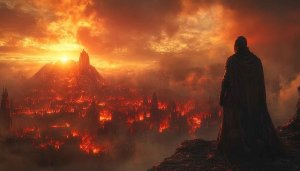 Epic Fantasy Cityscape Under Fiery Sky 4K Desktop Wallpaper