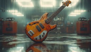 Vintage Bass Guitar 4K Wallpaper, Wet Floor Reflection Background