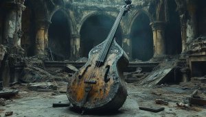 Ornate Double Bass Mobile Wallpaper in Ruined Auditorium Background