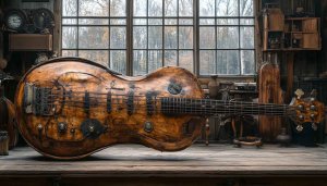 Steampunk Wooden Bass Guitar 4K Wallpaper for Desktop Background