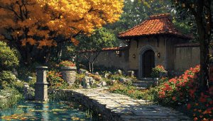 Autumn Garden Pond House 4K Desktop Wallpaper Aesthetic Background