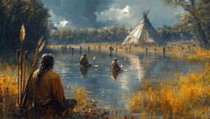 Native American Village Lake Scene 4K Desktop Wallpaper