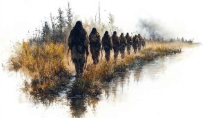Watercolor Hunter Gatherers Walking Along River 4K Desktop Wallpaper