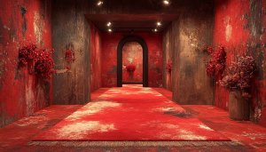 Red Architectural Interior Mobile Wallpaper, Trendy Aesthetic Background Art