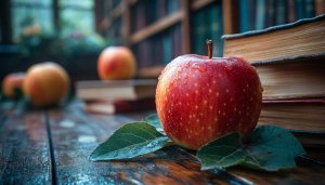 Red Apple with Books Still Life Desktop Wallpaper Background