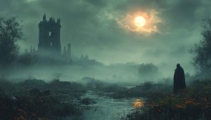 Creepy Castle Mobile Wallpaper, Gloomy Landscape Desktop Background, Fantasy Art