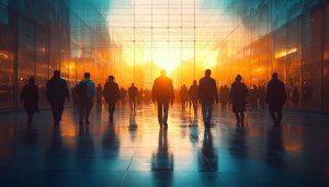 Futuristic Cityscape Sunset Walkers 4K Desktop Background Free