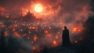 Burning City Fantasy Wallpaper, 4K Desktop Background, Dark Fantasy Art